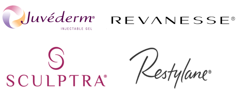 Logos for Juvederm injectable gel, revanesse, sculptra, and restylane